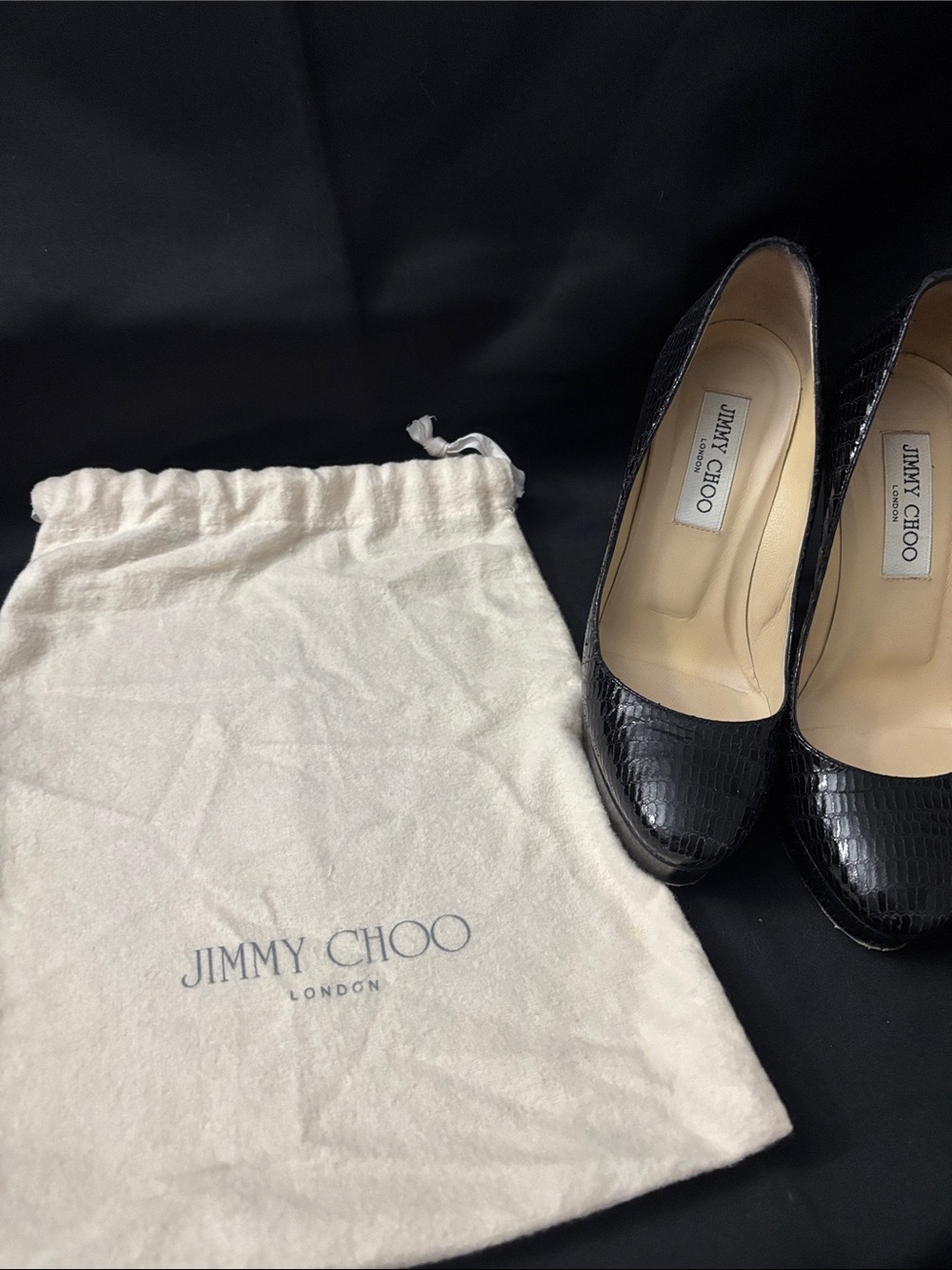 Jimmy Choo Black Croc-Embossed Patent Leather Pumps - Picture 6 of 13